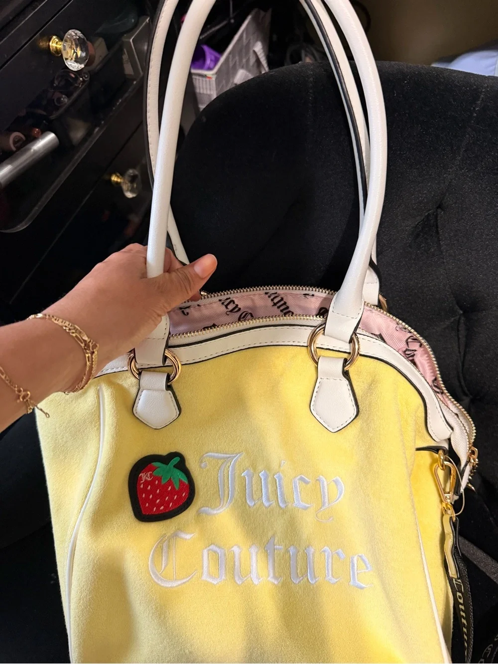Juicy Couture Yellow Tote with Strawberry Appliqué and White Trim